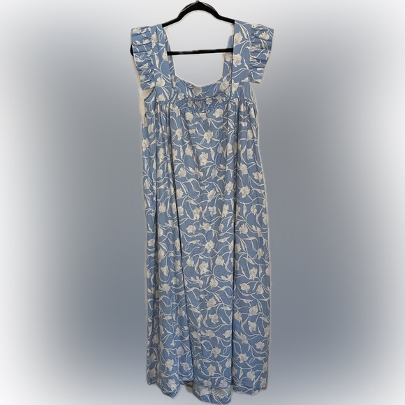 A New Day Blue & White Floral Linen Blend Paper Sack Maxi Dress w/ ruffles; L - Picture 14 of 14